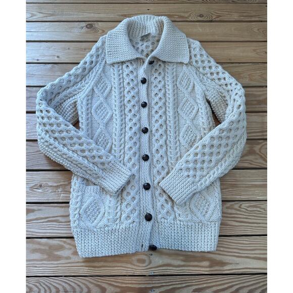 Vintage Inishowen Ireland Hand Knit Wool Cardigan Size Large Women’s Ivory - Picture 1 of 7